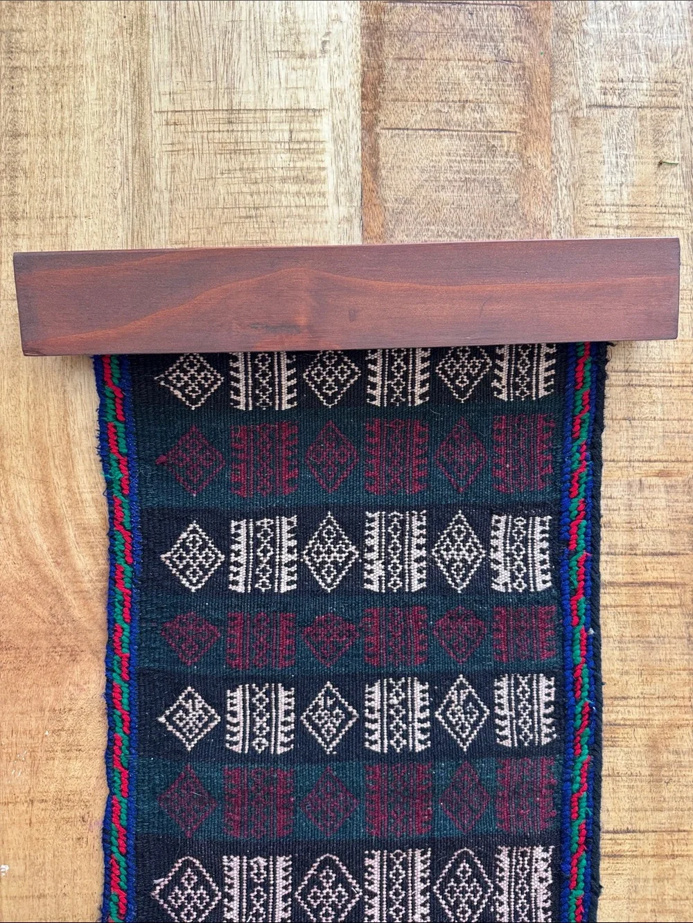 Vintage Handwoven Black & Burgundy Geometric tapestry